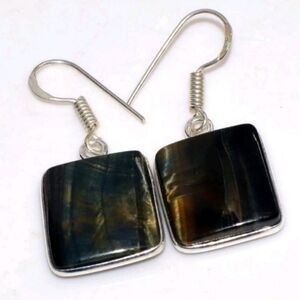Blue Tiger's Eye Gemstone 925 Sterling Silver Handmade Drop Dangle Earrings